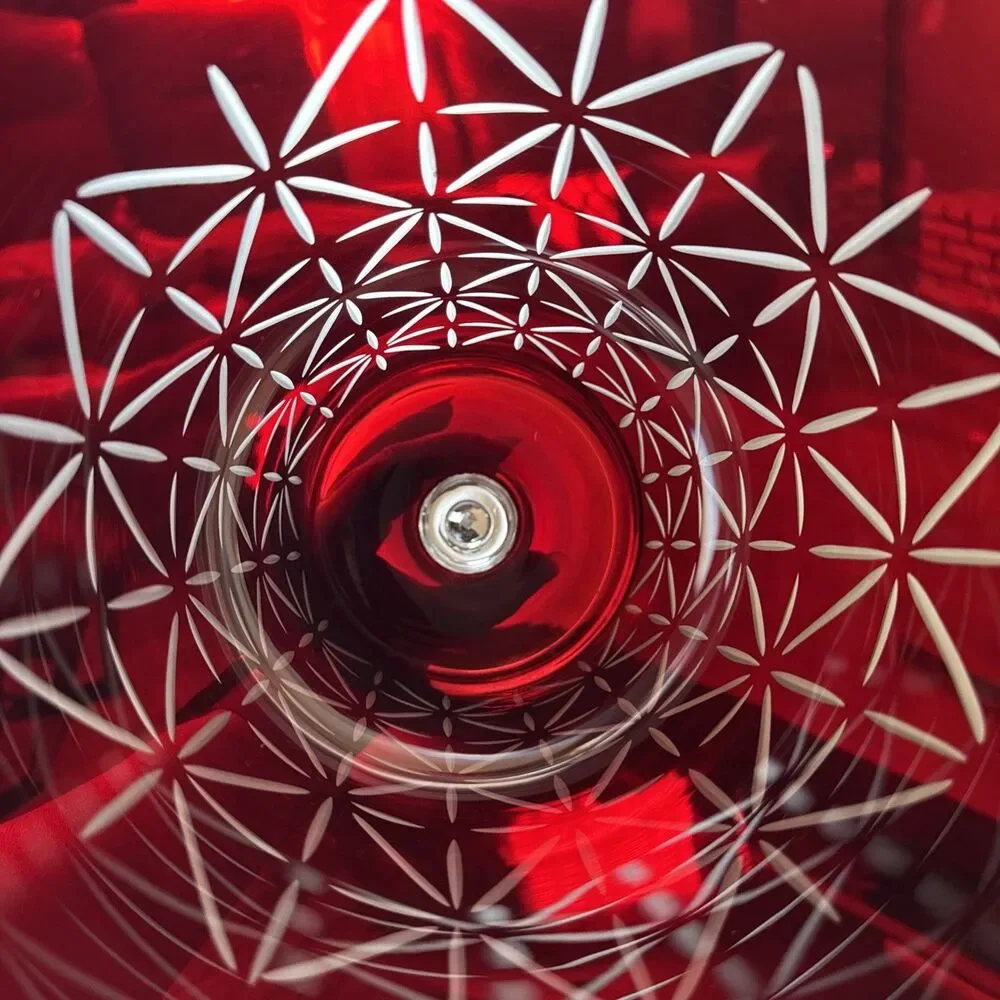 VNTG PartyLite Ruby Red Cut Glass L 13”Trumpet Vase Pedestal Geometric Cut Art